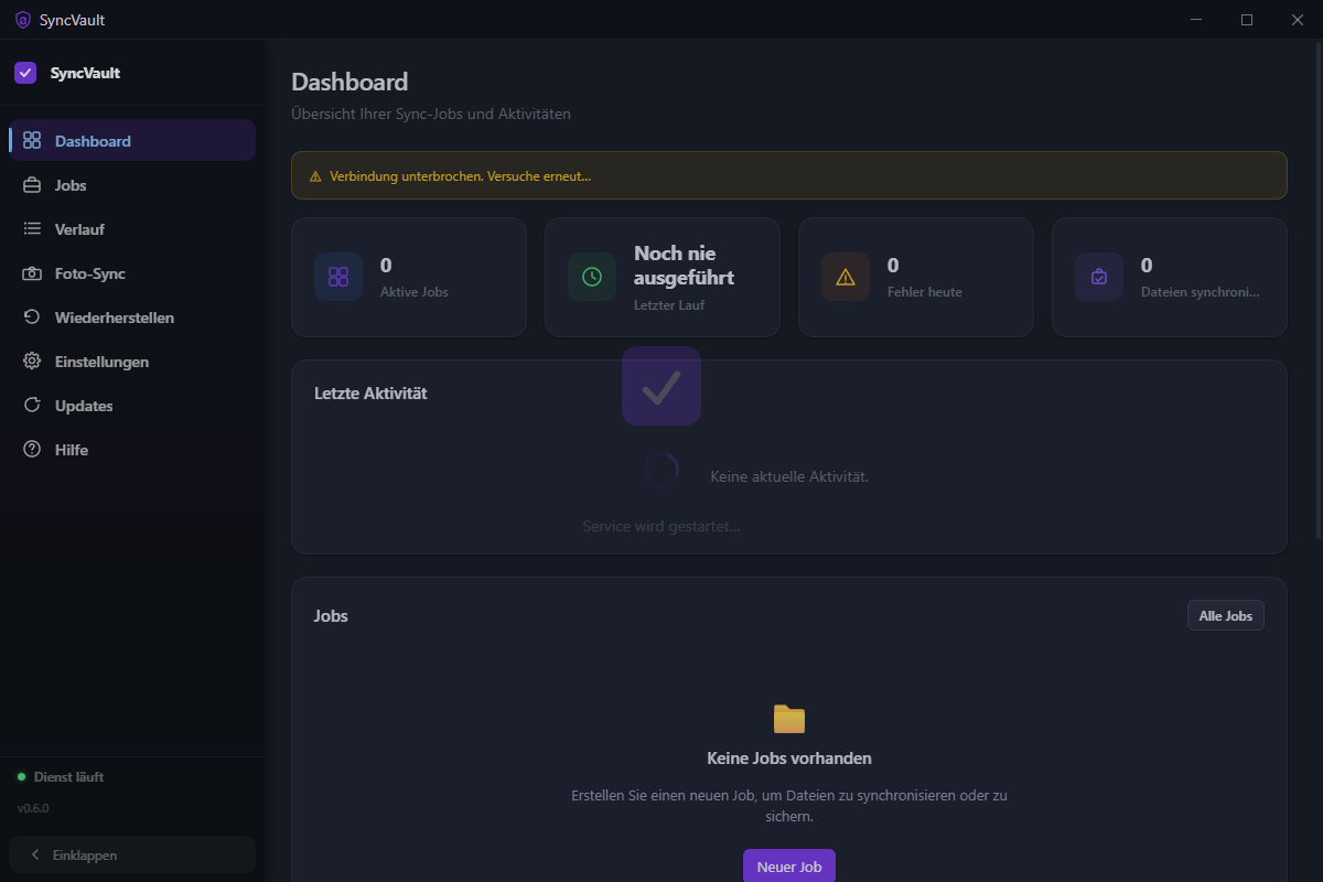 SyncVault Dashboard mit Job-Statistiken und aktueller Aktivität