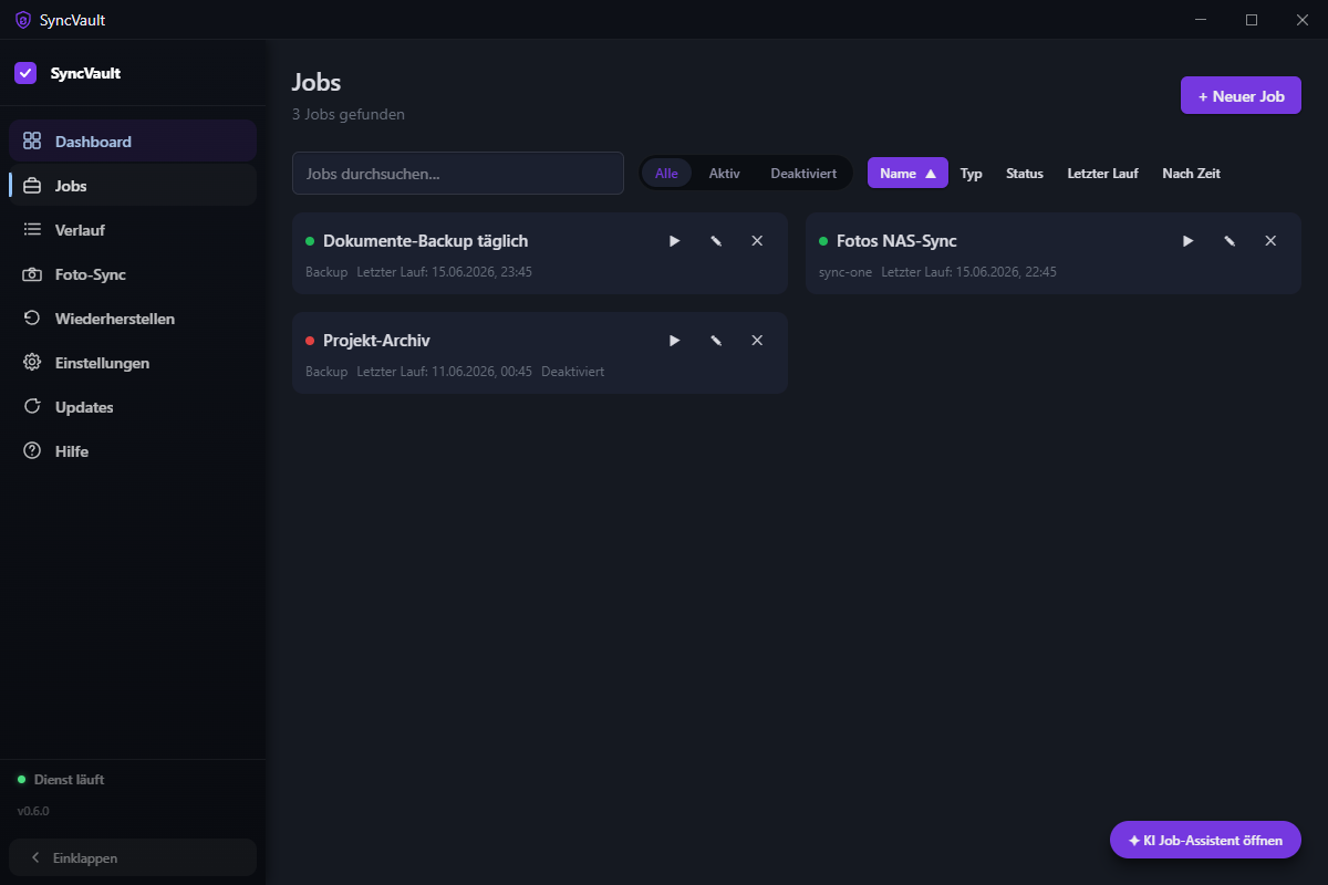 Jobs-Seite mit einer Liste von Backup-Jobs und Statusanzeigen