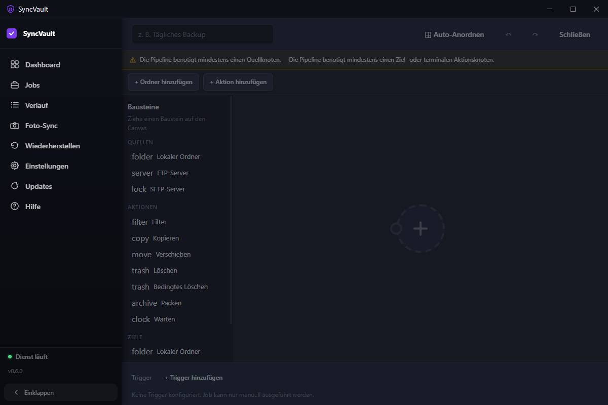 Pipeline-Editor mit leerem Canvas für einen neuen Job