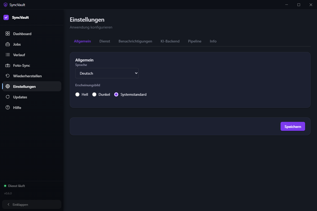 Einstellungsseite mit der Registerkarte 'Allgemein' und Sprach- und Theme-Optionen